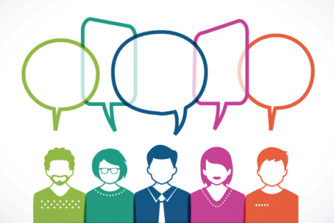 Illustration of people with empty caption bubbles above their heads.