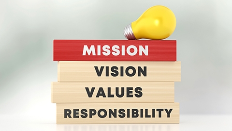 Mission Blocks And Light Bulb. Strategy And Planning Concept.