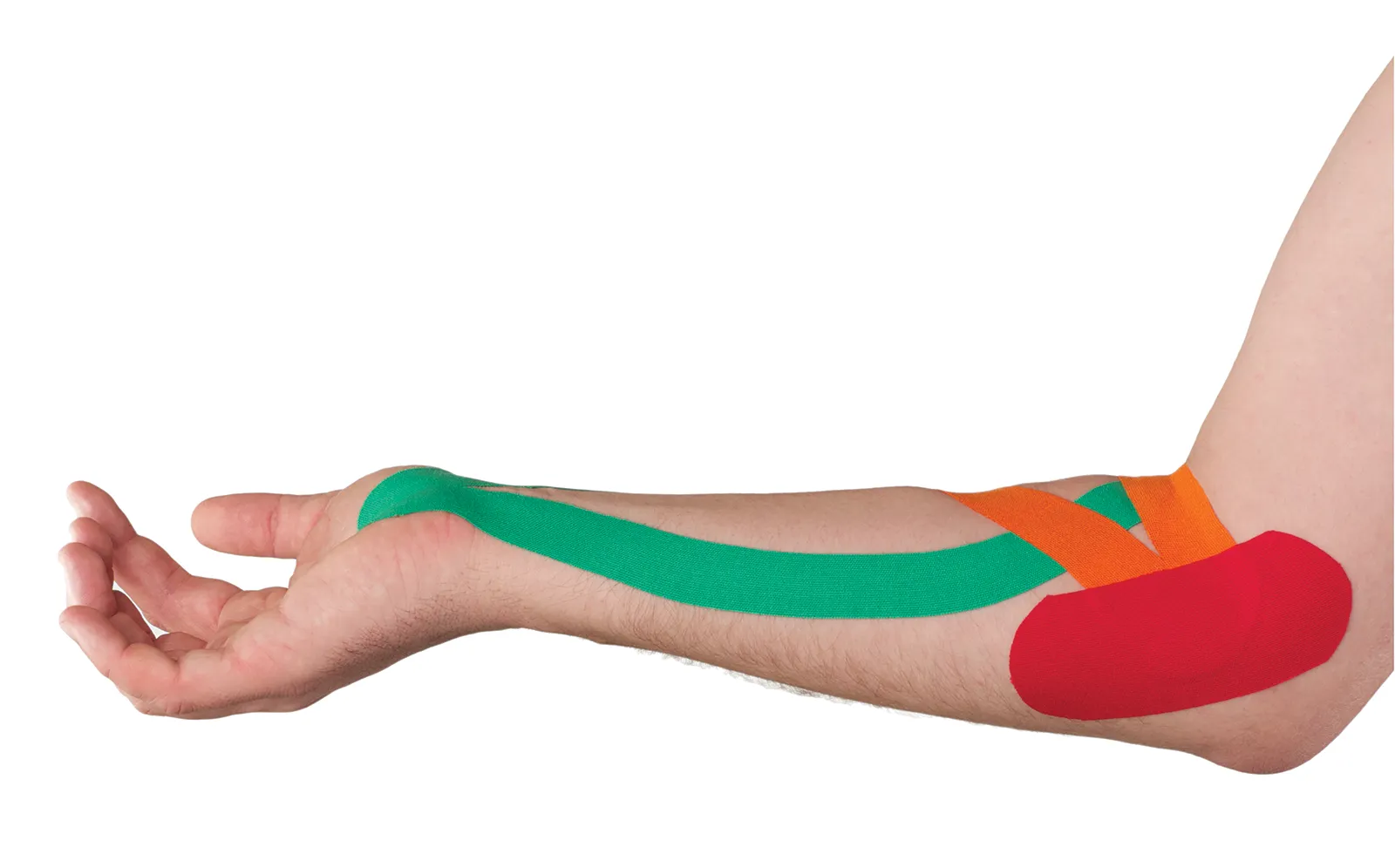 ND_14_TenForToday_Secondary1_shutterstock_1600 a persons forearm with three strips of colorful kinesiology tape running from elbow to the wrist