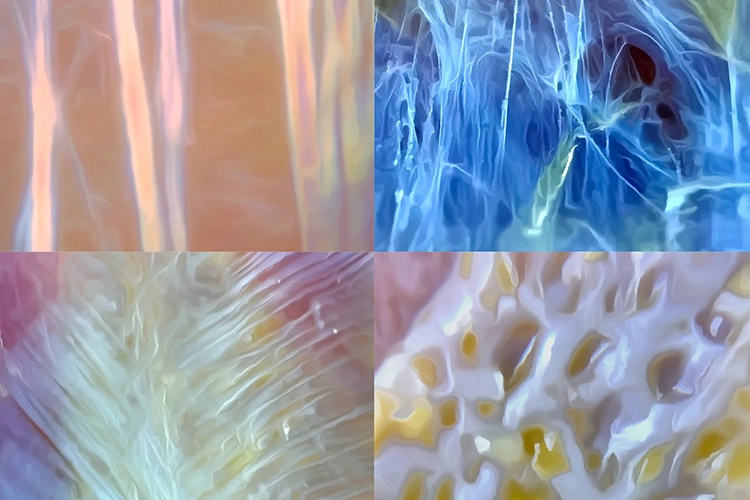 These images show the variety of densities and patterns found in the collagen matrix. Clockwise from top left: Thoracolumbar fascia (magnified 40x), loose connective tissue, deep surface of the dermis, linea alba.