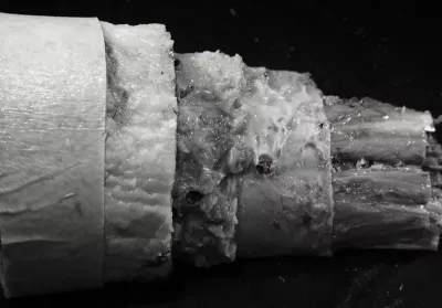 Hardened plastinated fascial specimens being made in the lab.