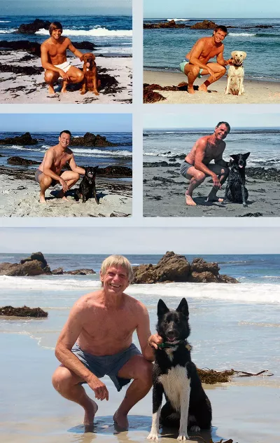 5 photos of Art Riggs on Carmel Beach with his dogs throughout the years (from top left: 1975, 1993, 2000, 2013, and 2020).