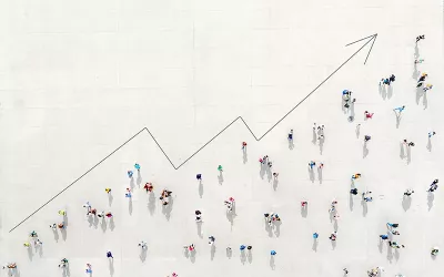 random figures of people walking underneath a line on a graph moving upward.