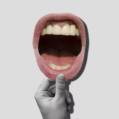 Illustration of a hand opening a mouth that's shouting.