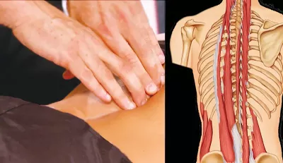a pair of hands performing the nail hook technique and what that looks like on the low back muscles.