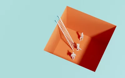 Three miniature figures approach a ladder that's in a square hole.