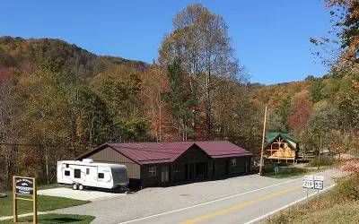 A large barn-style building along a rural road in West Virginia. 