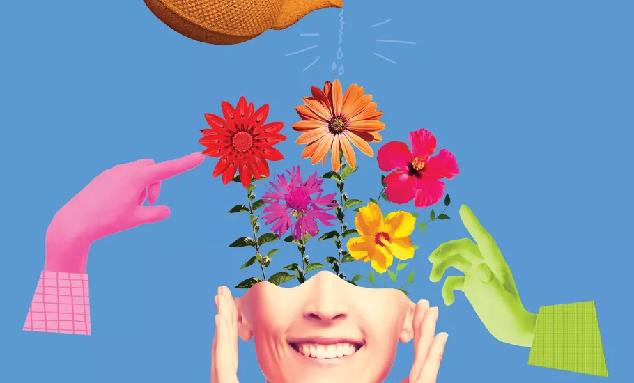 Conceptual image with a tea pot watering flowers emanating from a woman's head.