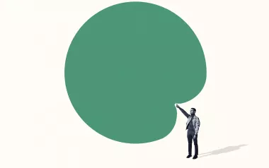 a person points toward a bank green bubble above their head.