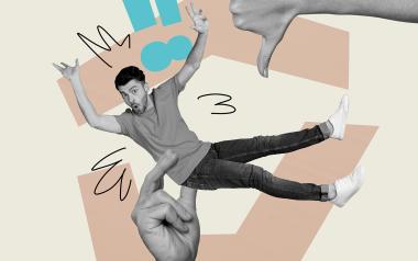 Illustrated image of a man behind held by a hand.