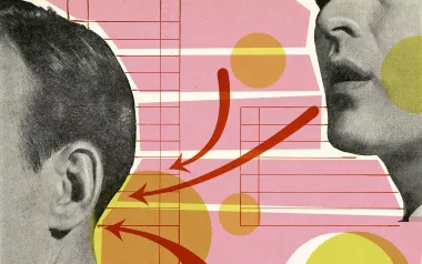 An illustration shows one person providing info to another verbally.