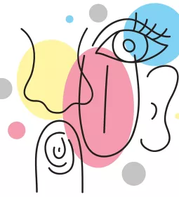 A random depiction of the senses—a nose, finger, tongue, eye, and ear.