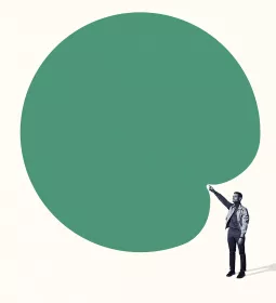 a person points toward a bank green bubble above their head.