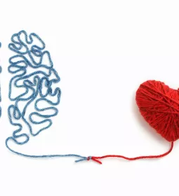blue threads make the shape of a brain that lead to red threads that form the shape of a heart.