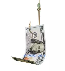 A $100 bill speared on a large fishhook.