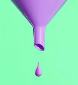 a large neon purple funnel with one droplet against a mint green background.
