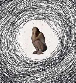 Illustration of a person crouching and covering their face with dark spirals drawn around them.