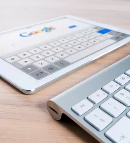 View of tablet and keyboard.