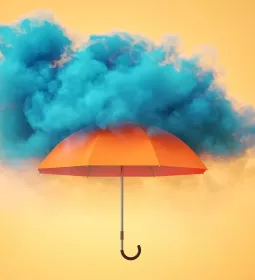 A digital illustration of an orange umbrella in a dark blue cloud.