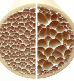 a slice of bone showing what the cellular makeup looks like with and without osteoporosis.