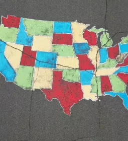 A color-blocked map of the United States with red, green, yellow and blue.