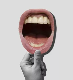 Illustration of a hand opening a mouth that's shouting.