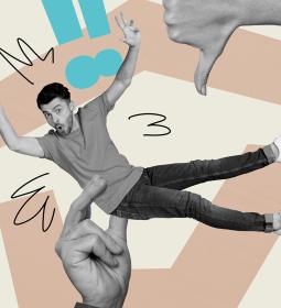 Illustrated image of a man behind held by a hand.