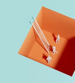 Three miniature figures approach a ladder that's in a square hole.