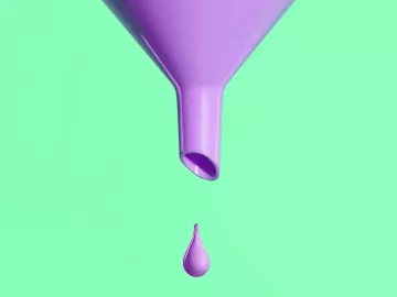 a large neon purple funnel with one droplet against a mint green background.