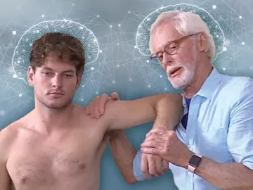 Erik Dalton moves and adjustes a male client with brain wave graphics in the background.