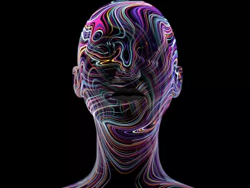 See-through human figure filled with swirling neon lines of color representing nerve endings.