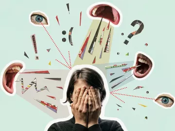 Woman bombarded by incoming communication. 