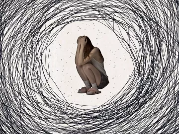 Illustration of a person crouching and covering their face with dark spirals drawn around them.