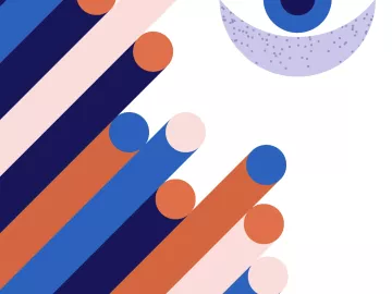 Abstract illustration of eye with diagonal lines in three colors.