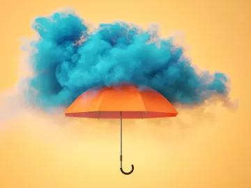 A digital illustration of an orange umbrella in a dark blue cloud.