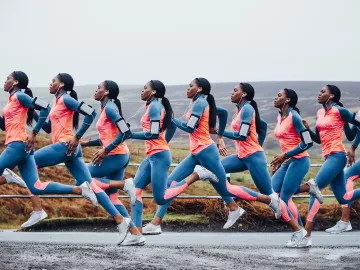 Stop-motion snapshot of a Black runner in neon colors, conveying movement.