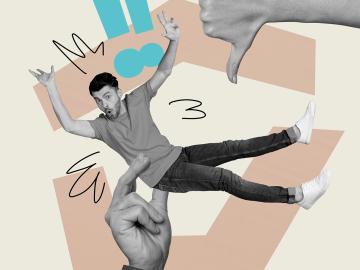 Illustrated image of a man behind held by a hand.