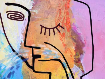 A modernist painting of a face, with one eye open and one eye closed.