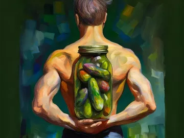 An AI-generated image shows a man holding a jar of pickles between his lats.