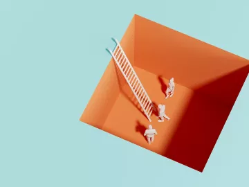 Three miniature figures approach a ladder that's in a square hole.