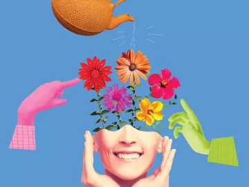 Conceptual image with a tea pot watering flowers emanating from a woman's head.