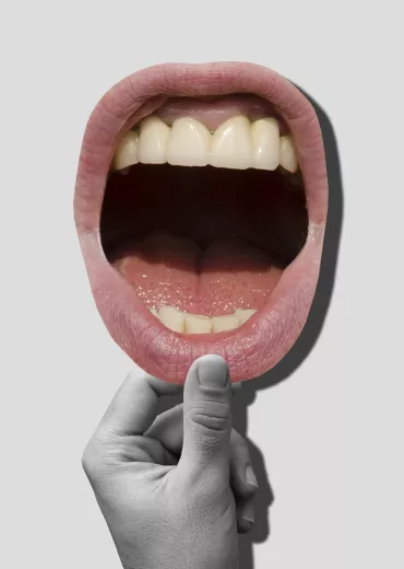 Illustration of a hand opening a mouth that's shouting.