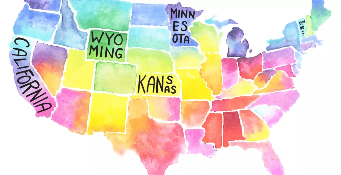 A multicolored map of the United States specifically identifying California, Minnesota, Kansas, Vermont, and Wyoming.