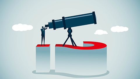 Animated image of a person looking through a telescope atop a question mark.