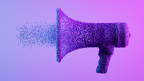 Megaphone exploding with particles on neon background. Digitally generated image.