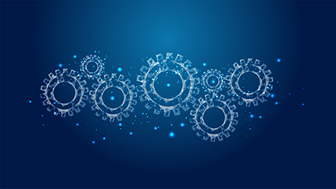 Abstract dots and lines connecting low polygons connecting gears.