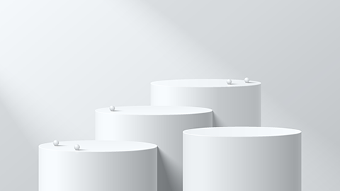 Set of abstract 3D white cylinder pedestal podium background with sphere ball or beads.